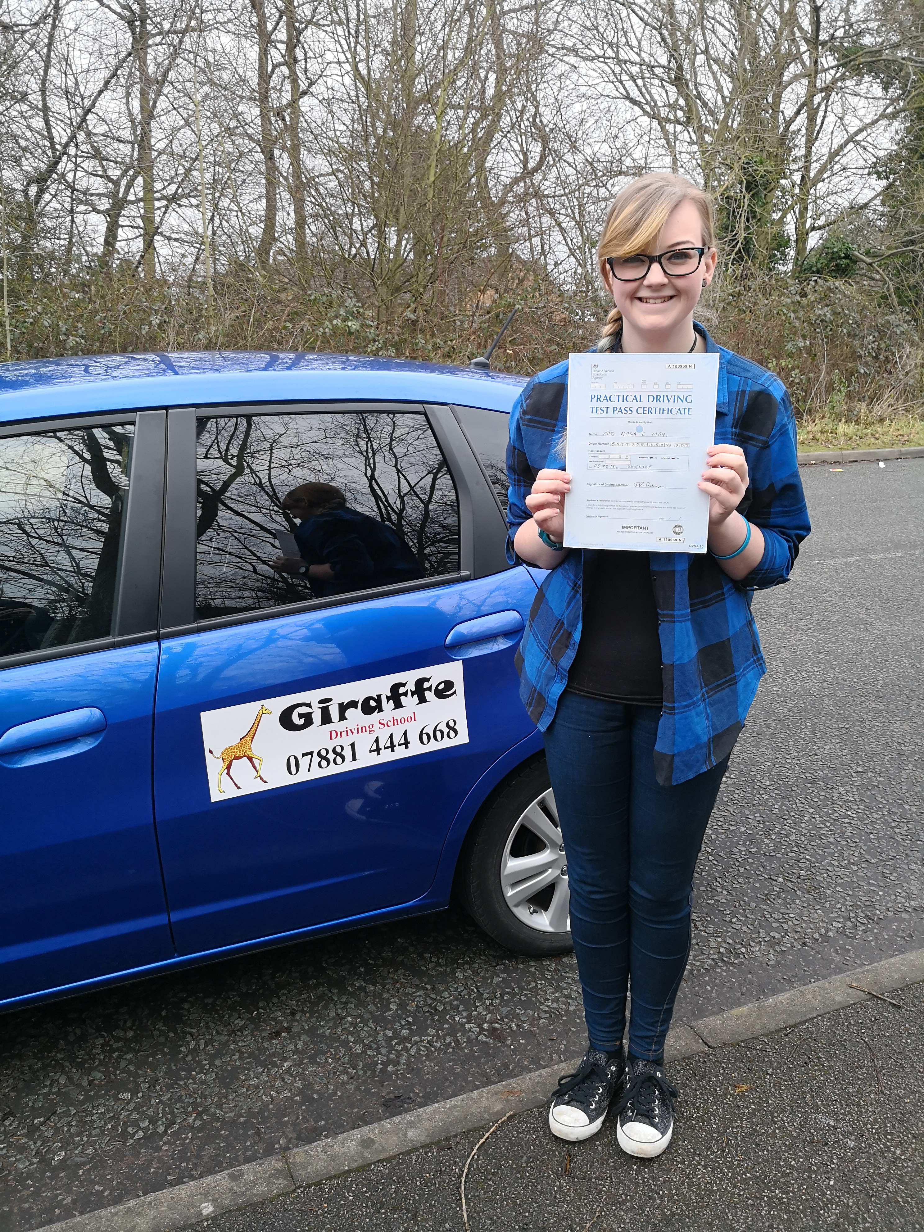 Nadia passing her driving test with Giraffe Driving School